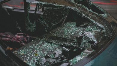 a broken windshield of a car