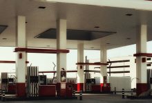 modern urban gas station with fuel pumps