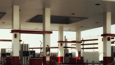 modern urban gas station with fuel pumps