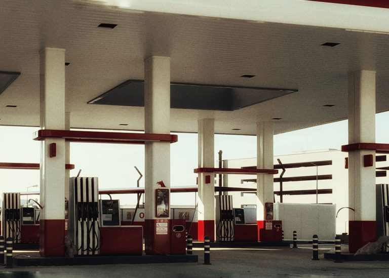 modern urban gas station with fuel pumps