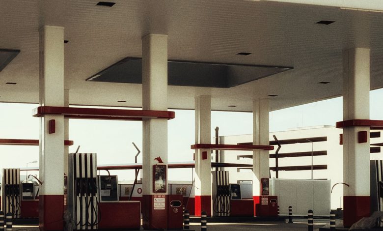 modern urban gas station with fuel pumps